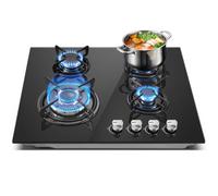 TopStrong Gas Hob 4 Burners, 60cm Black Glass Built-in Cooktop with 80