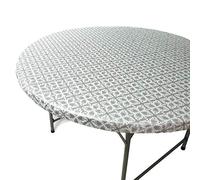 TopTableCloth Fits Tables up to 43" to 48" Inch Fitted Round Tablecloth Elastic Silver Patterned Plastic Vinyl Flannel Backed Party Dining Wedding Outdoor Bar Table Cover Cloth Elasticated Christmas