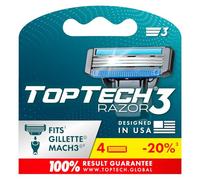 Toptech Razor 3 For Men - Replaceable Cartridges, Razor Technology, Refills, 4 Pack Compatible, Gillette Mach3, Smooth Sharp Shaving, Economical Refill