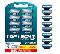 Toptech Razor 3 for Men - Replaceable Hand Shaving Cartridges, Blade Technology, Refills, 8-Pack, Compatible Gillette Mach3 & Smooth Sharp Blades