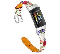TopTen Watch Strap Compatible for Fitbit Charge 5 Strap, Leather Bracelet Replacement Accessories Adjustable Wristband (Flower-C)