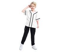TOPTIE Boys Baseball Jersey, Kids Button Down Jersey T-Shirt Softball-White black-10T