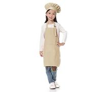 TOPTIE Kids Apron and Chef Hat Set, Adjustable Cotton Child Cooking Kitchen Apron, S-XXL-Khaki-M