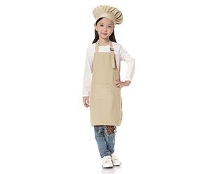 TOPTIE Kids Apron and Chef Hat Set, Adjustable Cotton Child Cooking Kitchen Apron, S-XXL-Khaki-M