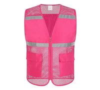 TOPTIE Mesh Safety Vest Zipper Team Volunteer Uniform Vest, Reflective Running Vest with Pockets, Slim Fit-Hot Pink-XL