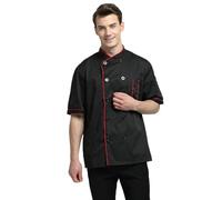 TOPTIE Short Sleeve Chef Jacket Kitchen Cook Coat Stripe Uniforms-Black-S