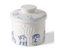 Toptier Butter Crock for Counter with Water Line, On Demand Spreadable Butter, Ceramic Butter Keeper to Leave On Counter, French Butter Dish with Lid (Greedy Cat War)