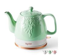 Toptier Electric Ceramic Tea Kettle, Boil Water Quickly and Easily, Detachable Swivel Base & Boil Dry Protection, Carefree Auto Shut Off, 1 L, Green Leaf