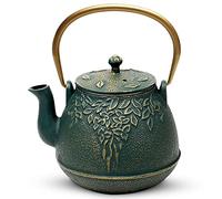 toptier Tea Kettle, Japanese Cast Iron Teapot with Infuser, Leaf Design Cast Iron Tea Pot Stovetop Safe Coated with Enameled Interior for 40 Ounce (1200 ml), Dark Green
