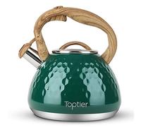 Toptier Tea Kettle, Teapot Whistling Kettle with Wood Pattern Handle Loud Whistle, Food Grade Stainless Steel Tea Pot for Stovetops Induction Diamond Design Water Kettle, 2.7-Quart Dark Green