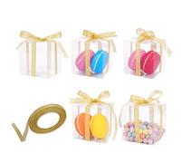 TOPTIME 24 Pcs Clear PVC Favour Box with Gold Gift Ribbon - 7x7x7cm Transparent Mini Candy Cube for Wedding Party Bridal Shower