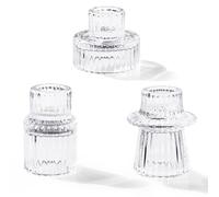 Toptime Candle Holders Set of 3, Glass Candlestick Holders Pinstripe Pattern, Reversible Tealight & Taper Candle Holders, Transparent Crystal Tea Light Candle Holder for Wedding Dinner Party Festival
