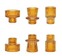 Toptime Candle Holders Set of 6, Glass Candlestick Holders Pinstripe Pattern, Reversible Tealight & Taper Candle Holders, Amber Crystal Tea Light Candle Holder for Wedding Dinner Party Festival