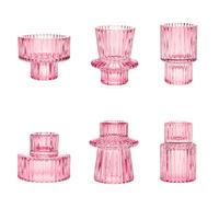 Toptime Candle Holders Set of 6, Glass Candlestick Holders Pinstripe Pattern, Reversible Tealight & Taper Candle Holders, Pink Crystal Tea Light Candle Holder for Wedding Dinner Party Festival