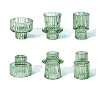 Toptime Candle Holders Set of 6, Glass Candlestick Holders Pinstripe Pattern, Reversible Tealight & Taper Candle Holders, Green Crystal Tea Light Candle Holder for Wedding Dinner Party Festival