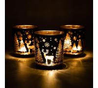 Toptime Christmas Candle Holder Set - Black and Gold Tea Light Holders (3 Pieces) With Stag and Tree Design - Glass Votive Holders for Xmas, Party Table Decorations
