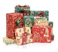 Toptime Christmas Wrapping Paper, 8 Sheets Gift Wrapping Paper w/Gift Tags Gift Ribbon Stickers, Vintage Xmas Kraft Wrapping Paper w/Snowman Santa Claus, Gift Wrap for New Year, Party, 70x50cm