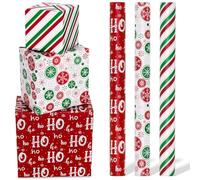 Toptime Christmas Wrapping Paper Roll of 3, Stripe Snowflake Xmas Wrapping Paper Set Red Grenn White, Luxury Metallic Christmas Wrap wtih HoHoHo, Shiny Gift Wrap for Xmas Party New Year 43cm x 3m