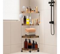 Toptime Corner Shower Caddy, 4 Tier Shower Organiser Trolley with 10 Hooks, Standing Organiser Storage Rack with Lockable 360° Swivel Wheels, Bathroom Shelves Storage Unit for Shampoo Shower Soap
