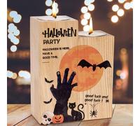 Toptime Halloween Decorations - Wooden Candle Holder, Tea Light Candle Holders with Moon Zombie, Halloween Candle Holders with 2 Tealight Candles, Tealight Holders for Party, Table Decorations