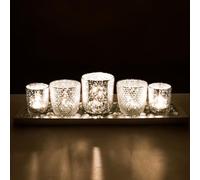 Toptime Tea Light Candle Holders, Silver Glass Candle Holders with Tray and Glass Pebbles, Set of 5 Mercury Votive Candle Holder, Speckled Table Decorations Centrepiece for Party, Wedding, Home Decor