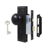 ToPToToo Mortise Lock Set for Interior Door, Vintage Antique Door Knobs with Lock and Skeleton Key, Old Door Knob Replacement Fits 1-3/8 in 1-3/4 in, Matte Black Finish