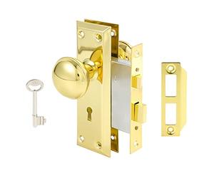 ToPToToo Mortise Lock Set for Interior Door, Vintage Antique Gold Door Knobs with Lock and Skeleton Key, Old Door Knob Replacement Fits 1-3/8 in 1-3/4 in, Polished Brass Finish