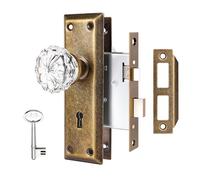 ToPToToo Mortise Lock Set Interior Door, Crystal Glass Door Knobs with Lock and Skeleton Key, Old Door Knob Replacement, Vintage Antique Door Handle, Vintage Brass Finish