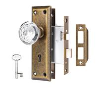ToPToToo Mortise Lock Set Interior Door, Glass Door Knobs with Lock,Old Style Door Knob Replacement, Vintage Antique Door Lock with Skeleton Key,Classic Vintage Brass Finish