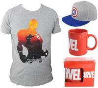 Toptoys2u Bargain Bundles Marvel Avengers Collectors Gift Set - Grey Iron Man T-Shirt XL, Captain America Hat & 330ml Ceramic Mug