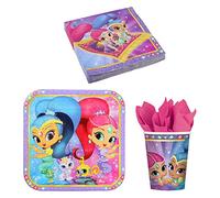 Toptoys2u Bargain Bundles Shimmer & Shine Multicolor Cartoon Birthday Partyware Set - 32 Pieces (16 Napkins, 8 Cups, 8 Plates) - Officially Licensed - Disposable