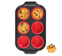 Toptrend Silicone Muffin Tray with Metal Frame, Regular Size Baking Trays for Cupcakes, Non-Stick Muffin Tin for Baking 6, BPA Free Red Baking Moulds for Muffin 30.9 x 18.7 x 3.5 cm