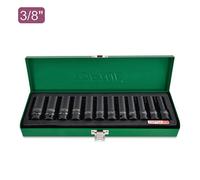 Toptul 12 Pc 3/8 Inch Drive 6Pt Flank Deep Impact Socket Set Black Phosphate Finish
