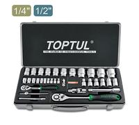 Toptul 34 Piece 1/4 Inch And 1/2 Inch Drive 6 Point Socket Set Satin Chrome Gcad3402