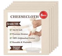TOPULORS 6 PCS Cheesecloth, Precut 41x41cm, Hemmed 4 Edges, Grade 100 Ultra Fine 100% Unbleached Cotton - Reusable Cheese Making, Cooking, Straining Cloths for Nut Milk, Yogurt, Juicing, Filter, Etc
