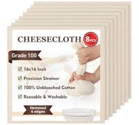 TOPULORS Cheese Cloths, 8 PCS 41x41cm, Hemmed 4 Edges, Grade 100 Ultra Fine 100% Unbleached Cotton - Reusable Straining & Cooking Cloth for Cheese Making, Nut Milk, Yogurt Strainer, Food Filtering