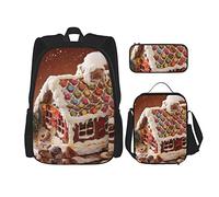 TOPUNY Christmas Gingerbread Like Village House printed Backpack trio - duffel bag, lunch bag, pencil case, Christmas Gingerbread Like Village House, One Size, Daypack Backpacks