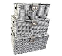 TOPVALEUR Set of 3 Resin Woven Bathroom Storage Baskets - Large Storage Box with Lid, Bedroom Storage Baskets, Bathroom Organiser, Wicker Basket with Lid, Blanket Box, Small Storage Box (GREY)