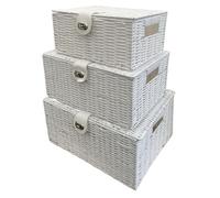 Topvaleur Set of 3 Resin Woven Bathroom Storage Baskets - Large Storage Box with Lid, Bedroom Storage Baskets, Bathroom Organiser, Wicker Basket with Lid, Blanket Box, Small Storage Box (WHITE)