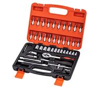 TOPWAY 1/4 Inch Socket Set 46PCs, Mechanical Tool Set 4-14mm Metric Drive with 24-Teeth Quick-Released Ratchet Wrench, Extension Bars, Universal Joints and Bits, High Grade Chrome Vanadium Steel