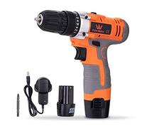 TOPWAY Cordless Impact Drill Driver 12V with 10mm Keyless Chuck, 2 Speed, LED Light and 2 X Lithium Ion Batteries Included, for Wood Cement Concrete Ceiling Brick Wall 102001