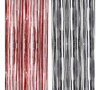 TOPWAYS 2PCS Halloween Tinsel Curtains, Black & Red Foil Fringe Curtains, 3.2 X 8.3ft Metallic Foil Curtain, Halloween Party Streamers Door Hanging Decorations for Halloween Wall Party Supplies