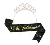 TOPWAYS 30th Birthday Sash & Tiara Set, Gold Glitter Crown Headband & Fabulous Sash Party Supplies for Her 30th Birthday Decorations