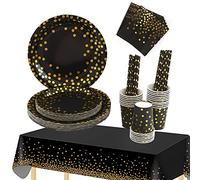 TOPWAYS Black Gold Birthday Decorations Party Tableware Set, Disposable Paper Party Plates Cups Napkins Tablecloth for Birthday Decorations Weddings Picnics Anniversary (16 Guests)