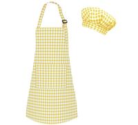 TOPWAYS Grid Kids Apron and Chef Hat Set, Adjustable Check Child Chef Aprons with 2 Pockets, Lattice Print Children's Apron for Kids Toddler Painting Baking Cooking Artist (Yellow, M（3-6Years）)