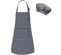 TOPWAYS Kids Apron and Chef Hat Set, Adjustable Child Chef Aprons with 2 Pockets, Lattice Print Children's Apron for Kids Toddler Painting Baking Cooking Artist (Black and White, L（7-13Years）)