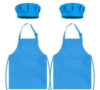 TOPWAYS Kids Apron and Chef Hat Set, kids Aprons for Cooking 2 Pack, Adjustable Toddle Kitchen Chef Apron, Kids Artist Painting Apron Bib with Two Pockets for Kids 3 4 5 6 years (2 x sky blue, L)