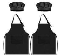 TOPWAYS Kids Apron and Chef Hat Set, kids Aprons for Cooking 2 Pack, Adjustable Toddle Kitchen Chef Apron, Kids Artist Painting Apron Bib with Two Pockets for Kids 3 4 5 6 years (2 x black set, M)