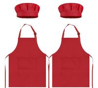 TOPWAYS Kids Apron and Chef Hat Set, kids Aprons for Cooking 2 Pack, Adjustable Toddle Kitchen Chef Apron, Kids Artist Painting Apron Bib with Two Pockets for Kids 3 4 5 6 years (2 x red, L)