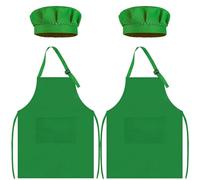 TOPWAYS Kids Apron and Chef Hat Set, kids Aprons for Cooking 2 Pack, Adjustable Toddle Kitchen Chef Apron, Kids Artist Painting Apron Bib with Two Pockets for Kids 3 4 5 6 years (2 x green, M)